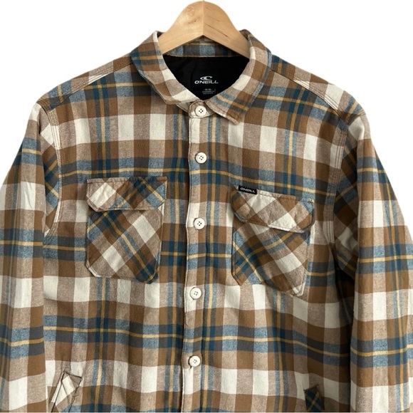 O’Neil Carmel Brown Teal Plaid Lined Button-Up Collared Jacket Medium - Picture 1 of 3